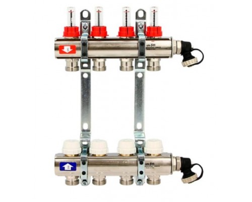 Коллекторная группа 1" Uni-Fitt 451B нерж. сталь с балансировочными и термостатическими вентилями без концевиков 3 выхода 3/4"