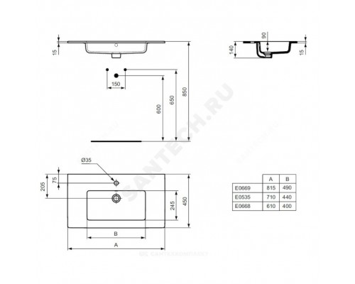 Умывальник меб TEMPO Vanity 61 4/вел 1/отв б/к Ideal Standard E066801