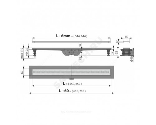 Лоток душев гор/вып комб/затв Дн40 950х60 нерж/реш Alca AG100201950