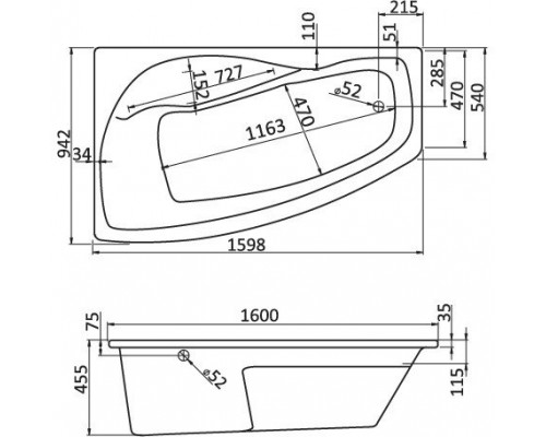 1.WH11.1.991 МАЙОРКА XL 160х95 ванна асимметричная акриловая левосторонняя белая 1.WH11.1.991