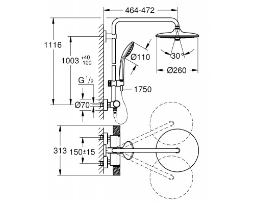27296003 Euphoria 260 Душевая система поворотная с термостатом, душ III, кругл., хром 27296003