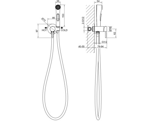 AQ1020BGM ЕВРОПА комплект для гигиенического душа встроенный (смеситель + гигиеническая лейка + шланг), оружейная сталь AQ1020BGM