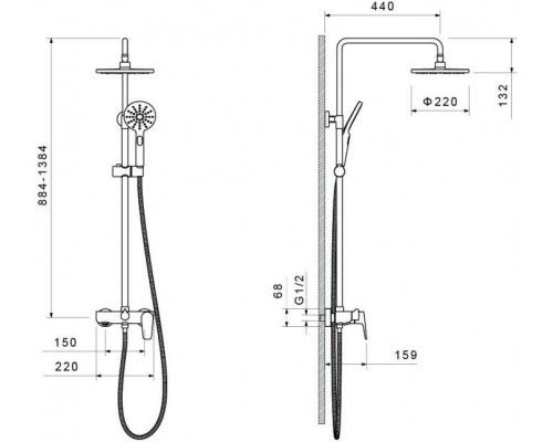 AQ2140CR БЕТТА душевая система (смеситель для ванны) 220мм AQ2140CR