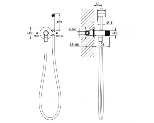 AQ1023BGM БЕТТА комплект для гигиенического душа Select встроенный (смеситель + гигиеническая лейка + шланг), оружейная сталь (шлиф. черный хром) AQ1023BGM