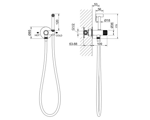 AQ1023BGM БЕТТА комплект для гигиенического душа Select встроенный (смеситель + гигиеническая лейка + шланг), оружейная сталь (шлиф. черный хром) AQ1023BGM