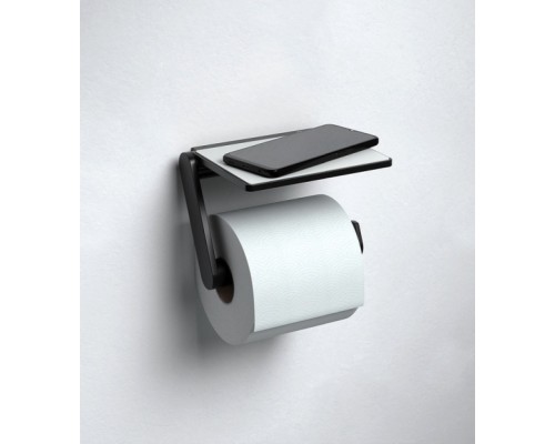 14973370000 PLAN Держатель для туалетной бумаги с полочкой с серой противоскользящей вкладкой без крышки, черный матовый 14973370000