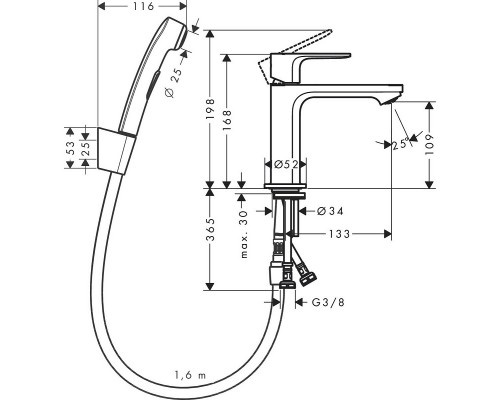 72215670 HG Rebris S смеситель для раковины 110, с гигиеническим душем, матовый черный 72215670