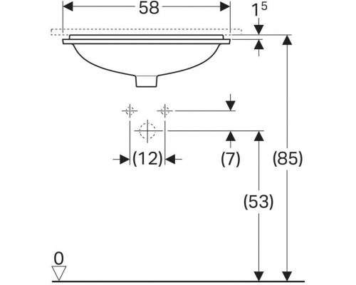 500.764.01.2 Geberit VariForm Раковина с установкой под столешницу прямоугольной формы, T1=50х40 см, без отв. под смеситель, с отв. перелива 500.764.01.2