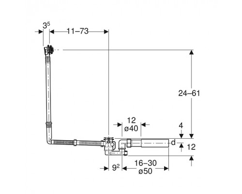150.525.21.6 Слив-перелив Geberit, d52, длина 73 см, с декоративным комплектом: Глянцевый хром 150.525.21.6