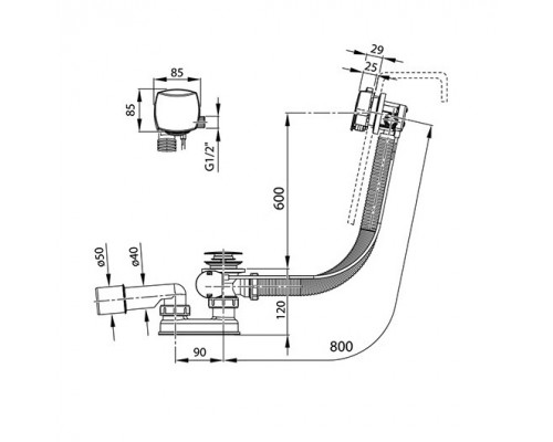 Сточный комплект с заполнением переливом хром (квадратный) 800мм X01504