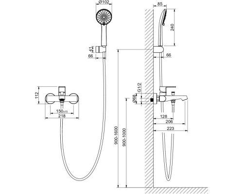 AQ1249BG ОБЕРОН смеситель для ванны с душевым набором 3jet, шлиф. золото AQ1249BG