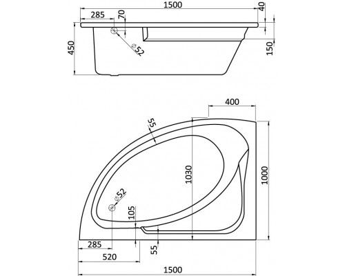 1.WH11.2.033 ГОА 150х100 ванна асимметричная акриловая левосторонняя белая 1.WH11.2.033