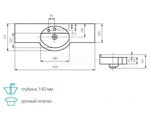 1A70133NOT010 Раковина Отель 5/1500 с навесами и диспенсером 1A70133NOT010