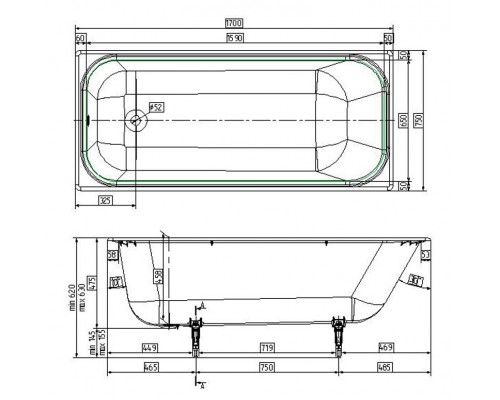 Wotte Start УР 1700х750х458 ванна чугунная c отверстиями для ручек (БП-э0001105) Start 1700x750UR