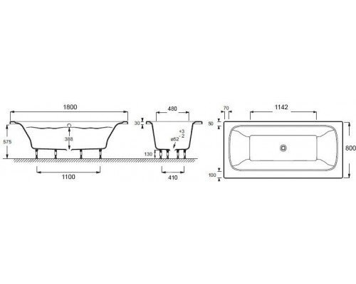 E6D032RU-00 Elite ванна 18080см, слив в центре, с ножками E6D032RU-00