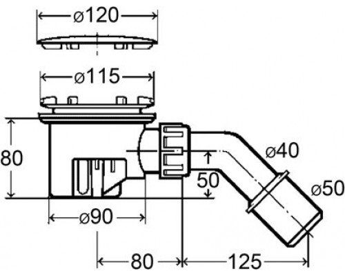 364786 Tempoplex сифон 120 х 40/50, хром накладка, проп.способность 0,45 л/с, H=80 мм, для поддонов D=90 мм, отводящее колено 45° 364786