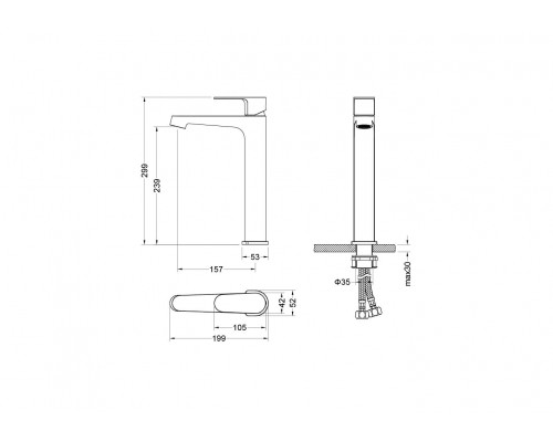 AQ1204BG ОБЕРОН смеситель для раковины высокий 240, без донного клапана, шлиф. золото AQ1204BG