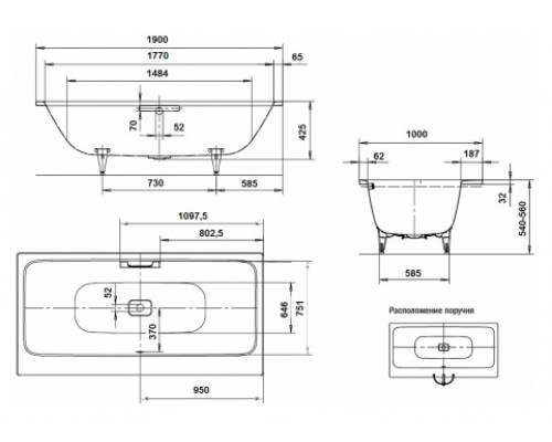 Ванна Asymmetric Duo мод.744 белый 190х100 + easy-clean 274400013001
