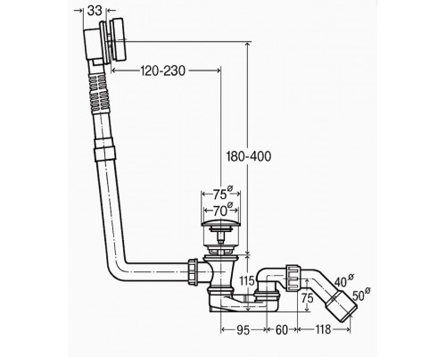 572853 Слив-перелив для стандартных ванн с нажимным клапаном Click-clack, с сифоном, 40/50 x 540, D=52, пластик/хром, модель 6177.45 572853