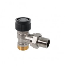 Вентиль, Oventrop, AR, термостатический, без преднастройки, угловой, DN-15, 3/4, 1/2, Н ЕК-Н, латунь никелированная, НГ со штуцером, черный колпачок