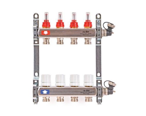 Коллекторная группа 1" Uni-Fitt 450I нерж. сталь 4 выхода 3/4" с расходомерами и термостатическими вентилями