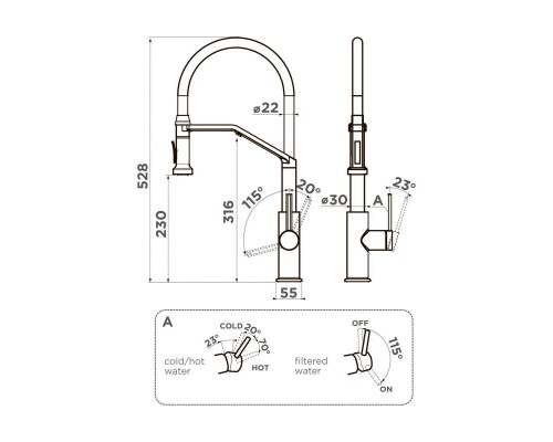 Omoikiri Makkari 2 Plus-SB-GM-BL Смеситель для кухни с выдв. изл. и подкл. фил., вор. ст./ч. 4994497