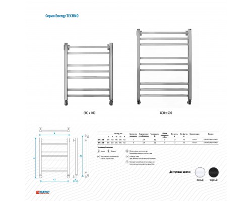 Водяной полотенцесушитель Energy Techno 600x400 белый матовый (RAL 9016)