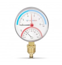 Термоманометр VARMEGA радиальный 80 мм, 10 бар, 120гр.С, 1/2", с отсекающим клапаном, VMMT07-801004