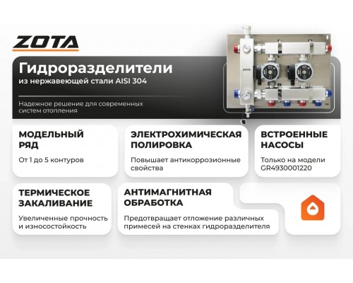 Гидроразделитель нерж. с коллектором горизонтальный, двухсторонний, 5 контуров