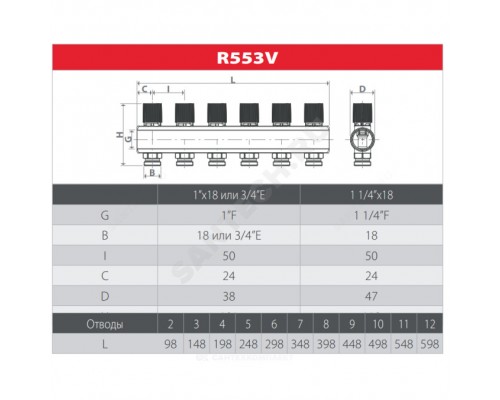 Коллектор лат клап терм 1" вн/р 4в 3/4" ЕК н/р 50мм Giacomini R553VY044