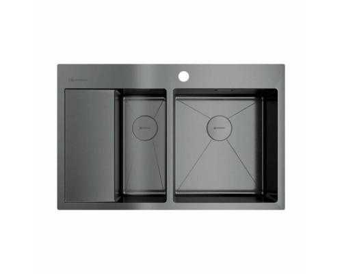 Мойка, OMOIKIRI, Akisame, шгв 780-510-200, отверстия для смесителя-1, чаши-2 справа, цвет-вороненая сталь