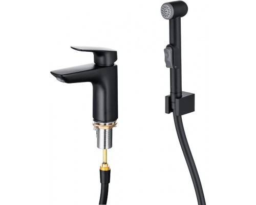 AQ1012MB ВЕГА смеситель для раковины 97 с гигиеническим ручным душем, матовый черный AQ1012MB