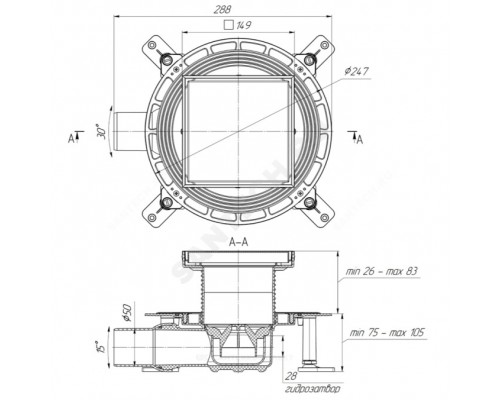 Трап рег гор/вып гидр/затв Дн50 H75 нерж п/плит 150х150 АНИ Пласт TVA5812