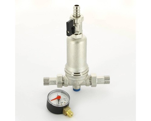 Фильтр промывной Uni-Fitt ВН 1/2" х 3/4" с редукц. соед., со сливным шаровым краном и манометром, никелир.