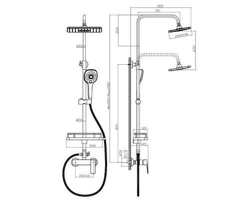 RS27-45 Смеситель одноручный (35мм) для душа с верхней лейкойТропический дождьи 3-ф. лейкой, хро RS27-45