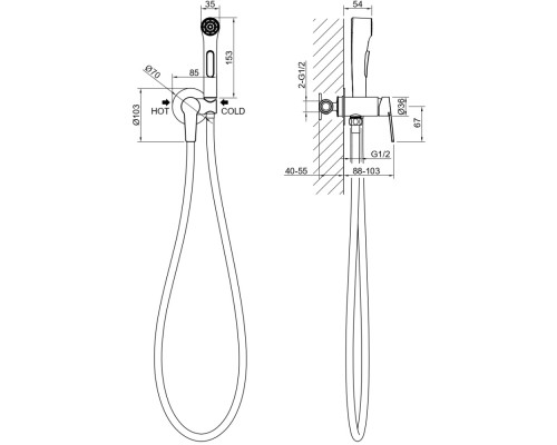 AQ1719BGM ЛУГАНО комплект для гигиенического душа встроенный (смеситель + гигиеническая лейка + шланг), оружейная сталь AQ1719BGM