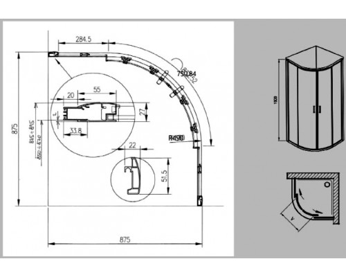 XP2CP4-90 блестящий + транспарент, душевой уголок полукруглый, раздвижной X3B270C00Z1C