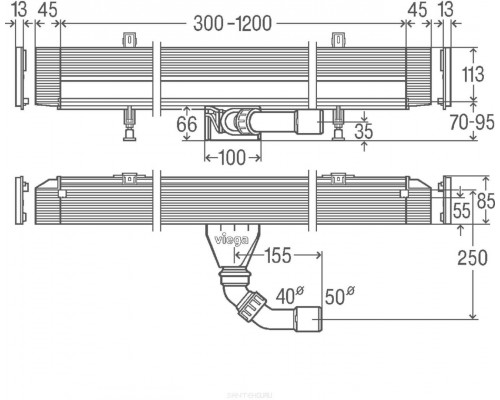 736736 Advantix Vario душевой лоток для встраивания в стену, плоская модель, проп. способность 0,4 л/с, L=300-1200, H=70-100, модель 4968.10 736736