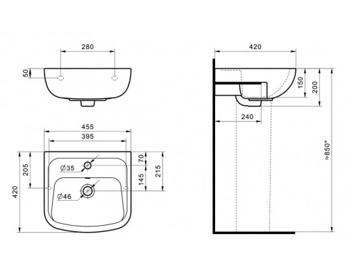 1.WH50.1.753 ЛОНГИ умывальник 45 см 1/отв 1.WH50.1.753