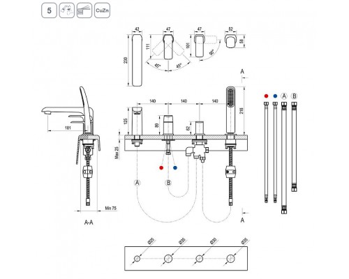 Смеситель врезной каскадный для ванн FL 026.20 черный X070176