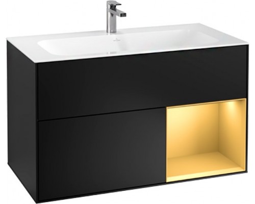 G040HFPD FINION Тумба под раковину 996 x 591 x 498 mm, с подсветкой LED, 2 выдвижных ящика. крепежный комплект Black Matt Lacquer / Gold Matt Lacquer G040HFPD
