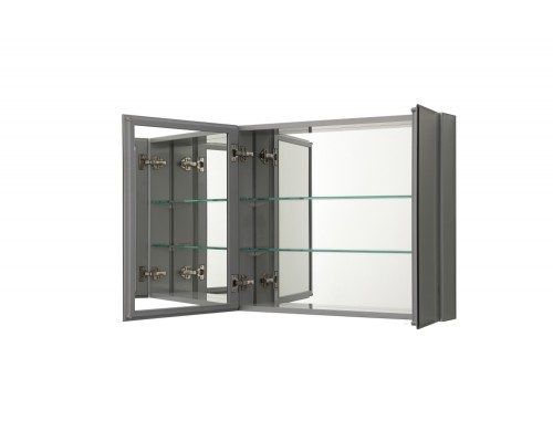 AQ7808-MC Алюминиевый зеркальный шкаф без подсветки 762660134,крепеж. Две зеркальные дверцы шириной 50,9 и 25,5 см. Две стекл.полки 6 мм AQ7808-MC