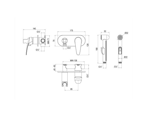 LM0419CLINARAСмеситель с гигиеническим душем, встраиваемый, хром LM0419C