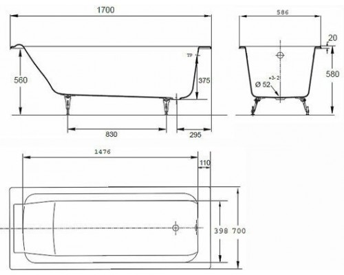 PARALLEL E2947-S-00 Ванна 170 х 70 см без отверстий для ручек БЕЗ АНТИСКОЛЬЗЯЩЕГО ПОКРЫТИЯ E2947-S-00