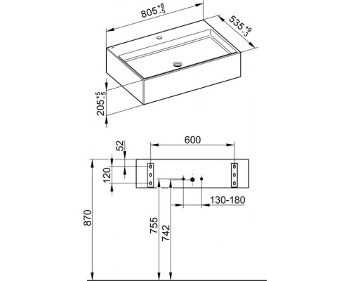 39062318001 EDITION 90 Керамическая раковина 805x535x205 mm, 1 отверстие под смеситель, БЕЗ перелива, белый 39062318001
