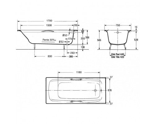 RUB DIAPASON E2937-00 ванна 170х75 без отверстий для ручек E2937-00