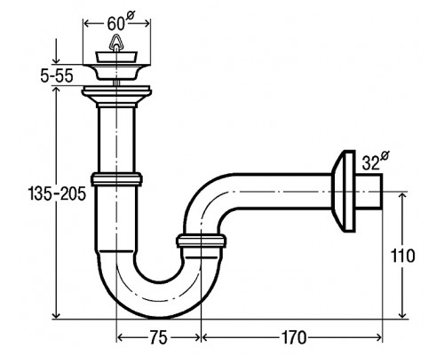 111298 Cифон трубный (металл) с розеткой из нерж, пробкой, патрубок 100 мм, отвод колено 170 мм, 1 1/4 x 32, хром 111298