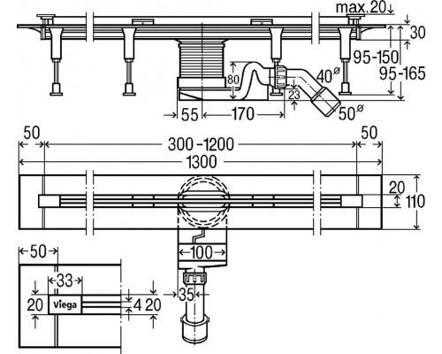 704360 Advantix Vario Set душевой лоток 300-1200мм (пластик),высота 95–165мм, с дизайн-вставкой, заглуш, опорами, сифоном, глянц. хром, модель 4965.21 704360