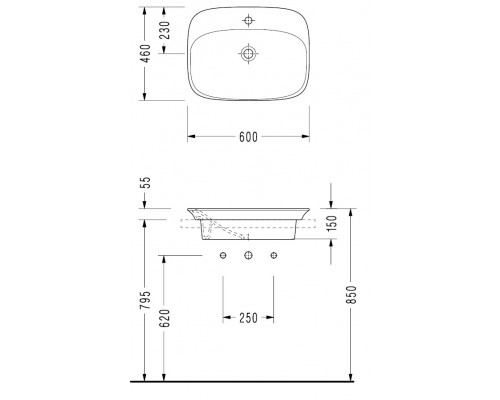 HR30TXS110H HERA раковина для установки в столешницу 46х60 см, с отверстием под смеситель, Serel HR30TXS110H