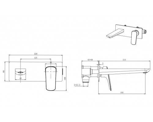 AQ1013MB ВЕГА смеситель для раковины настенный (внешняя и скрытая часть), матовый черный AQ1013MB